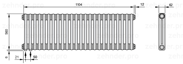Схема (чертеж) Радиатор Zehnder Charleston 2056/24 №3370 Белый глянцевый RAL 9016